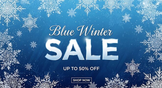 Blue winter sale advertisement with snowflakes and discount offer