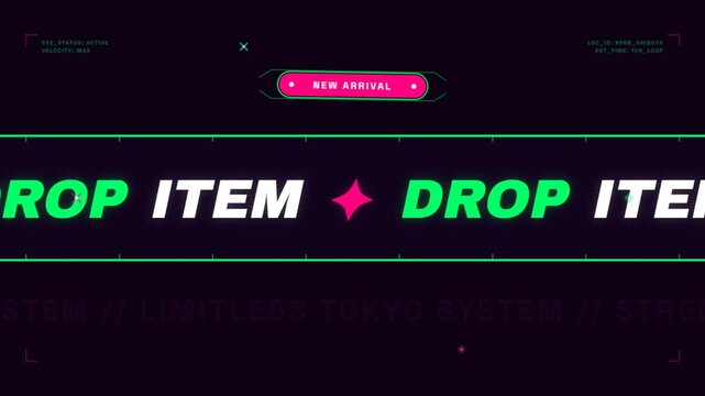 Scrolling streetwear drop item banner animation with neon accents