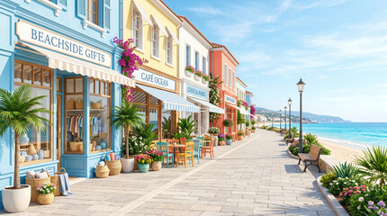 Fototapeta premium Colorful beachfront promenade with shops by the sea on sunny day 