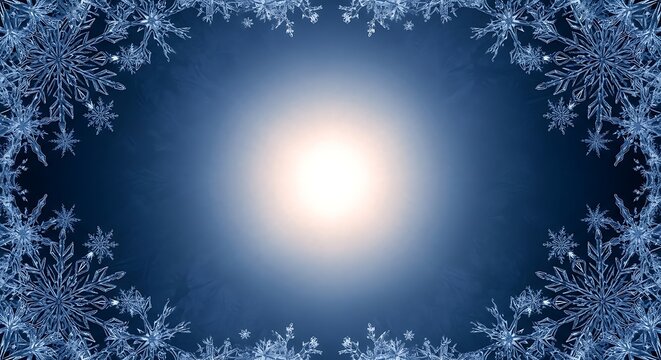 Snowflakes border with bright light on dark blue background