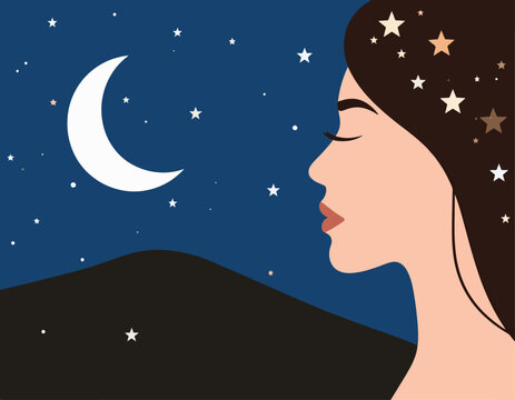 Woman's profile against a starry night sky with crescent moon