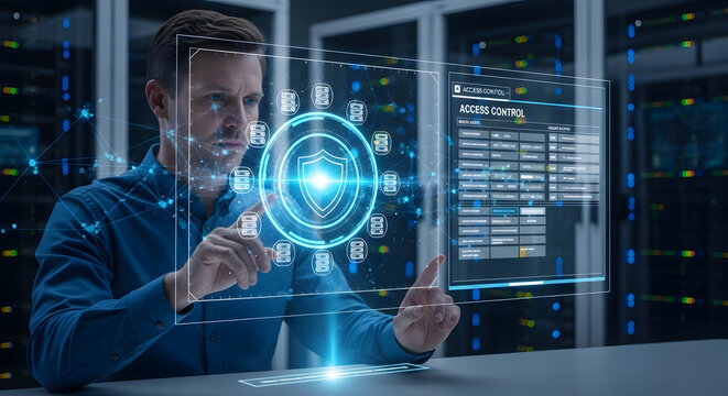 IT consultant analyzing digital security shield and data on a futuristic holographic interface in a server room
