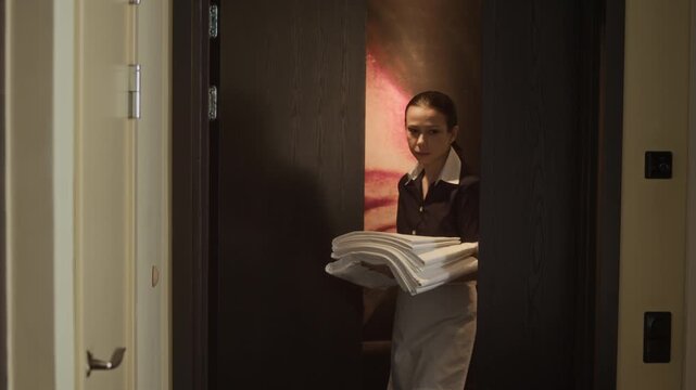 Tilt down shot of young adult Caucasian maid entering hotel room carrying stack of fresh linens and placing them on bed. Perfect for hospitality marketing or hotel service promotions