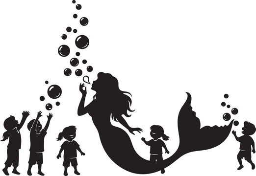 Silhouette of a mermaid blowing bubbles for happy children to catch outdoor play