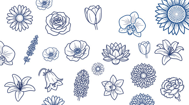 Various blue outline floral illustrations create a seamless pattern on a clean white background, showcasing diverse flower types