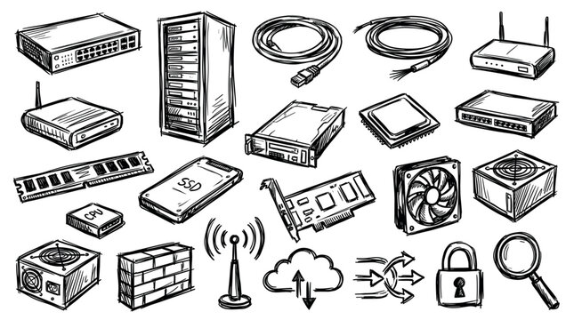Various hand-drawn computer hardware and network components are depicted in a doodle style on a clean white background