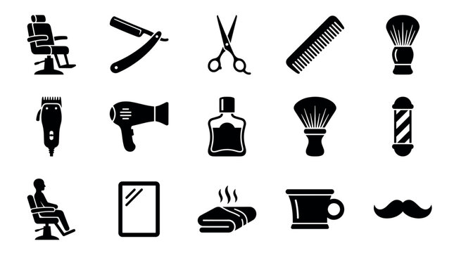 Comprehensive collection of black silhouette barber shop icons on a clean white background, representing various grooming tools and services