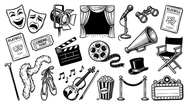 Comprehensive collection of hand-drawn entertainment icons, including theater masks, film equipment, musical instruments, and stage props, isolated on a clean white background