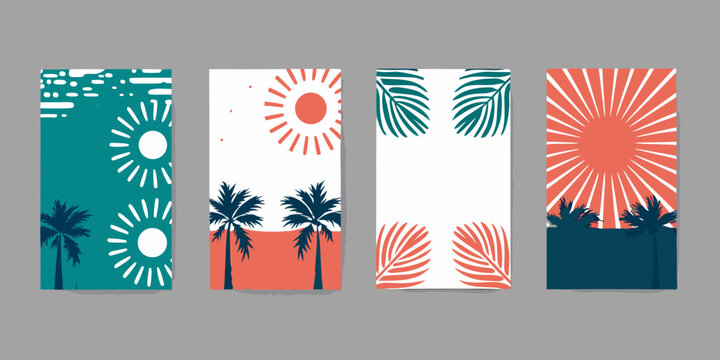tropical banners with palm trees and sun vector illustration orange teal summer