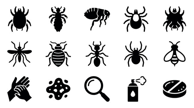 Various black silhouette pest control and insect icons are neatly arranged on a clean white background, creating a clear and informative visual