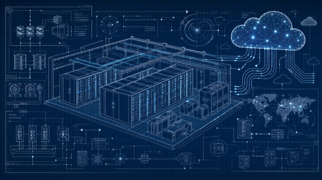 Server room blueprint with cloud computing visualization. Data center architecture diagram with global network connectivity. Infrastructure engineering plan for digital technology system