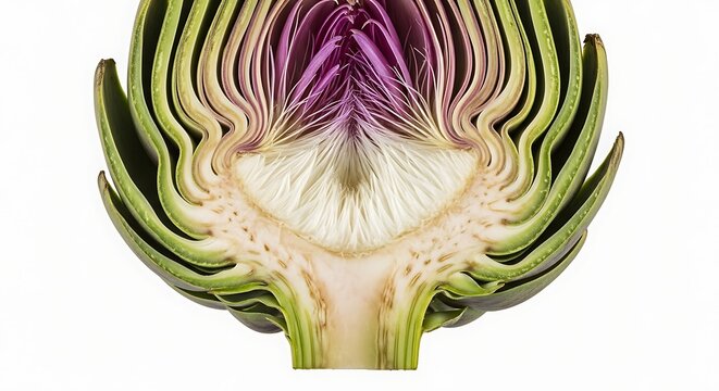 Fresh Green Artichoke Cut in Half Showing Purple Heart on White Background