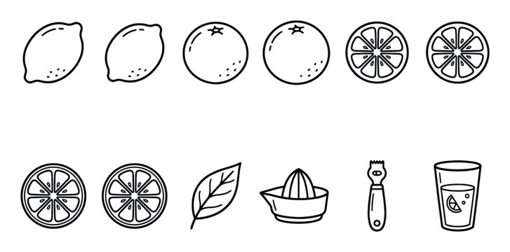 Various black outline citrus fruit and juice icons are neatly arranged on a clean white background, showcasing simple graphic design