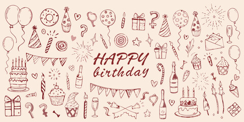 hand drawn birthday party doodle collection red cake balloon gift candle hat © Ella