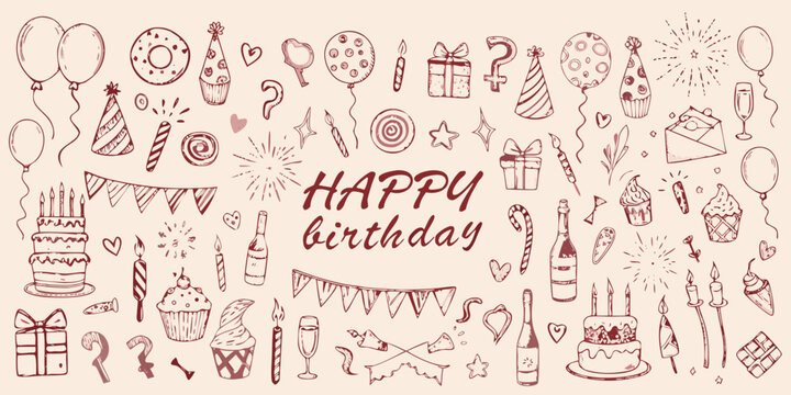 hand drawn birthday party doodle collection red cake balloon gift candle hat