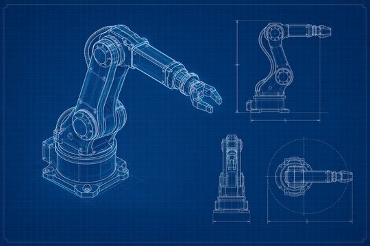 Industrial robotic arm blueprint. Engineering wireframe drawing of a mechanical machine prototype. Technical manufacturing development, automation innovation and robotic design concept
