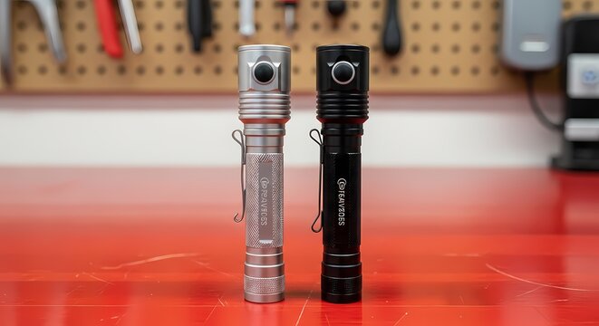 Two flashlights on a red surface in a workshop setting with tools on a pegboard