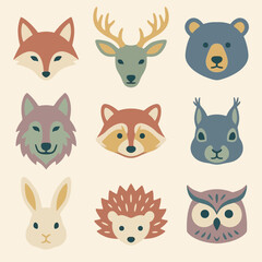 Fototapeta premium Collection of cartoon forest animal faces.