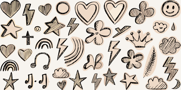hand drawn doodle elements on beige background heart star lightning bolt flower