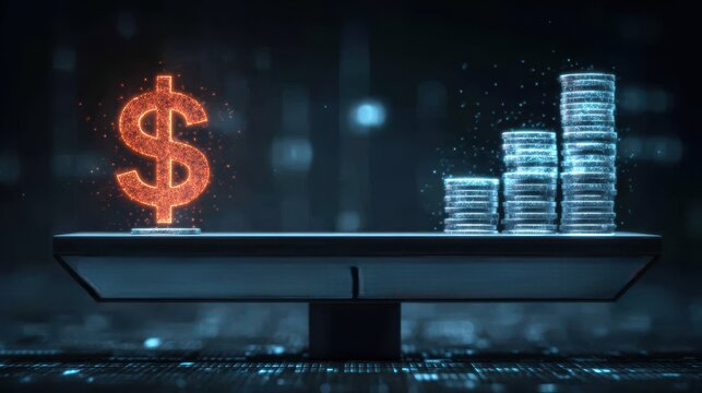 A golden coin of high value balances the cost of finance against a firm budget while investment strategy turns revenue into a stable income.