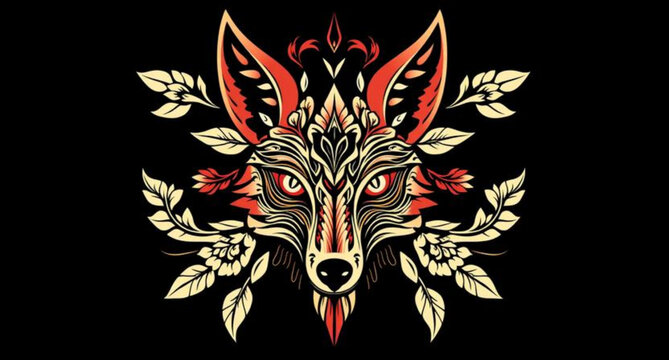 Tribal wolf head tattoo vector illustration emblem with wild animal silhouette and ornamental black tribal pattern design