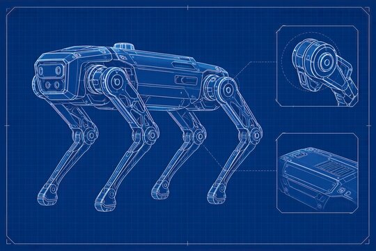 Robot dog blueprint on technical background. Automated mechanical canine engineering drawing. Development of future quadruped machine, AI technology, industrial research and innovation