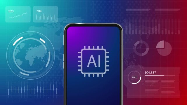 smartphone with artificial intelligence microchip icon on futuristic digital data background AI on phone