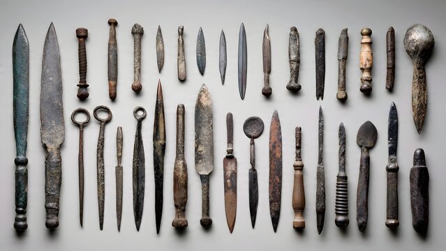 Rusty Metal Tools Array Ancient Weapons and Tools Display
