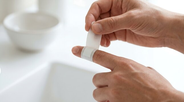 Detailed view of a person carefully applying a sterile adhesive strip to a small cut on their finger, emphasizing personal injury care and immediate wound protection in a home setting