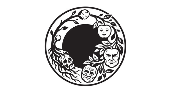 Conceptual black and white circular emblem depicting the human life cycle from birth to death using tree roots and faces metaphor.