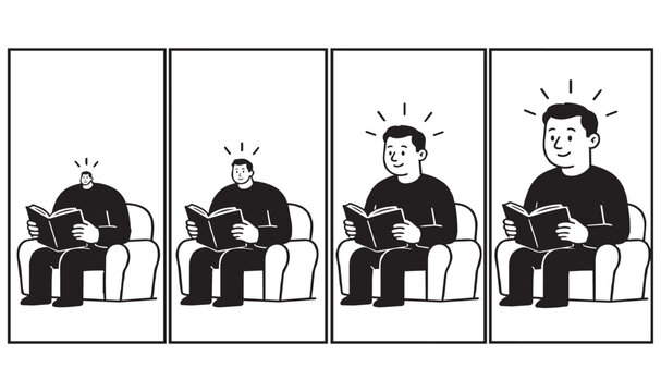 Minimalist black and white comic strip infographic showing a man reading a book as his head grows with knowledge metaphor.