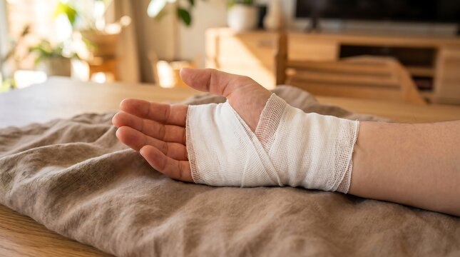 Close-up view of a person's hand meticulously wrapped in a clean white bandage, indicating a recent injury or a healing medical condition, resting on a brown cloth in a cozy home setting