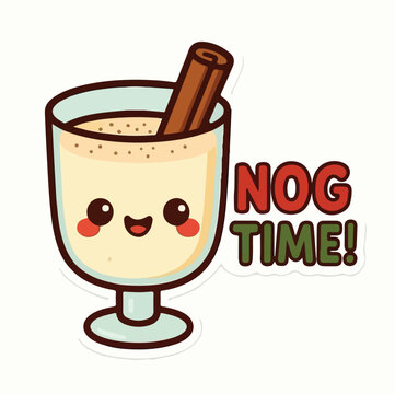 A cute cartoon glass of eggnog with a cinnamon stick featuring festive text on a clean simple white background