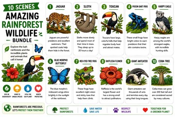Obraz premium Rainforest wildlife bundle with 10 scenes, amazing tropical animals and plants collection, educational nature infographic set for environmental awareness