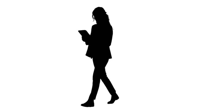 Silhouette woman walking while using tablet isolated on transparent background, Vector
