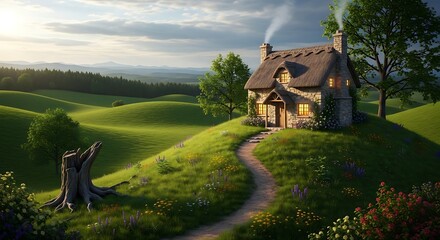 Naklejka premium Cozy Stone Cottage Glowing on Green Hill in Peaceful Countryside
