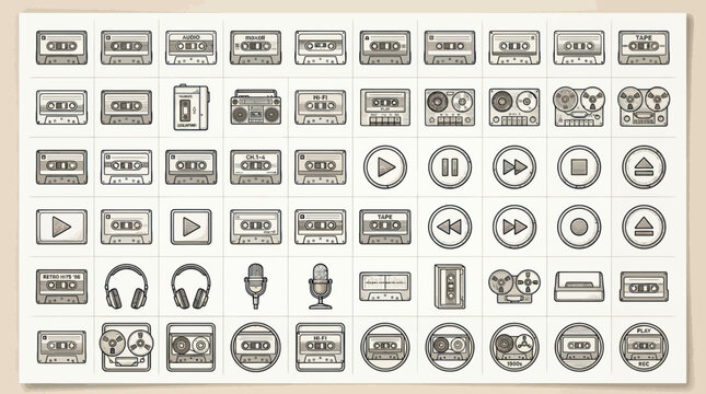 Vintage Audio Icons: Cassettes, Boombox, Headphones, Microphones & Playback Controls