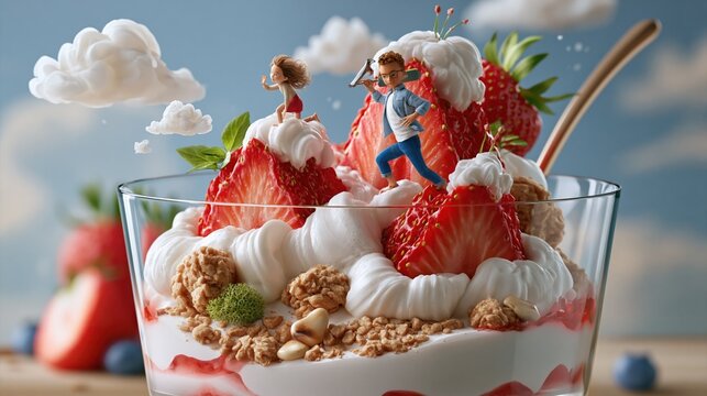 A miniature tiny world scene built inside a strawberry parfait glass, little people climbing strawberry slices like mountains, cream clouds, granola pebble roads
