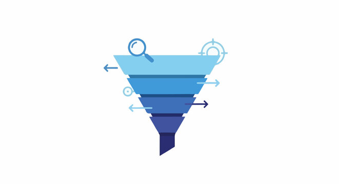 A stylized blue funnel diagram illustrates a business process flow with arrows