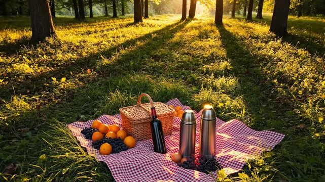 Scenic picnic setup with red checkered blanket, basket, fruits, wine bottle, and thermos flasks in sunlit forest clearing