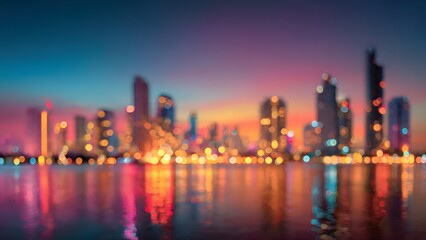 Fototapeta premium Colorful City Skyline Blurred at Twilight Over Calm Water