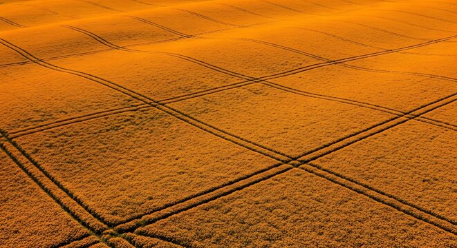 Golden Wheat Field Marked by Tractor Tracks in Rural Farmland