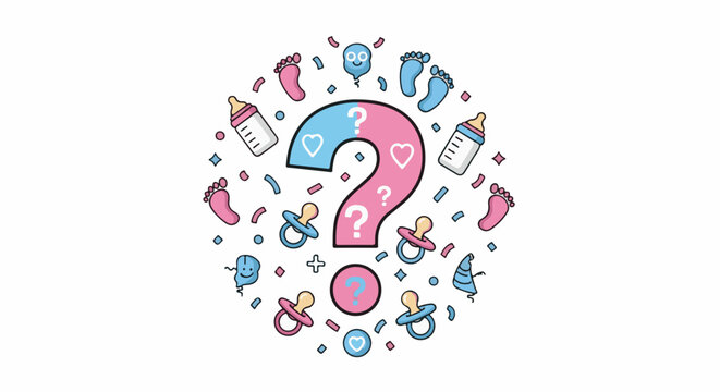 A question mark framed by baby items, hinting at a surprise