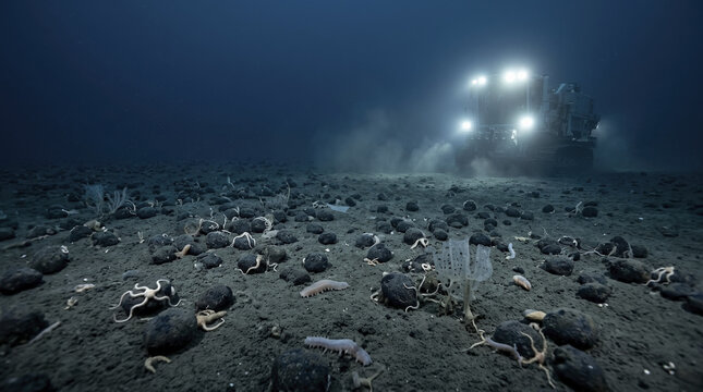 Deep Sea Mining Machine on Dark Seafloor Disturbing Sediment Amidst Benthic Organisms and Polymetallic Nodules.