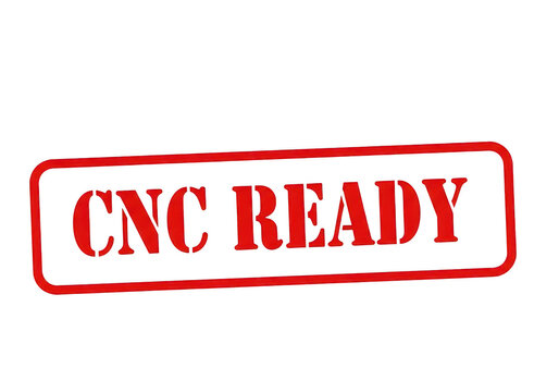Red rectangular rubber stamp with the text cnc ready in bold stencil font for industrial manufacturing and engineering workshop equipment labeling isolated on a transparent background