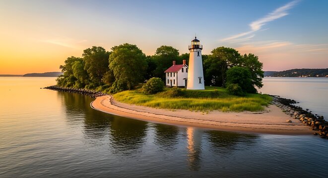White Lighthouse Standing on Small Green Island at Calm Sunset Coast