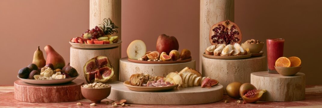 Artfully arranged nutrient-dense foods on stone podiums in a warm setting promote a luxury wellness breakfast for healthy eating