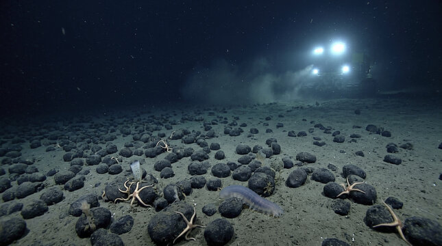 Deep sea abyssal plain with scattered polymetallic nodules and faint sediment plume from a distant submersible, showing early exploration for deep ocean resources.