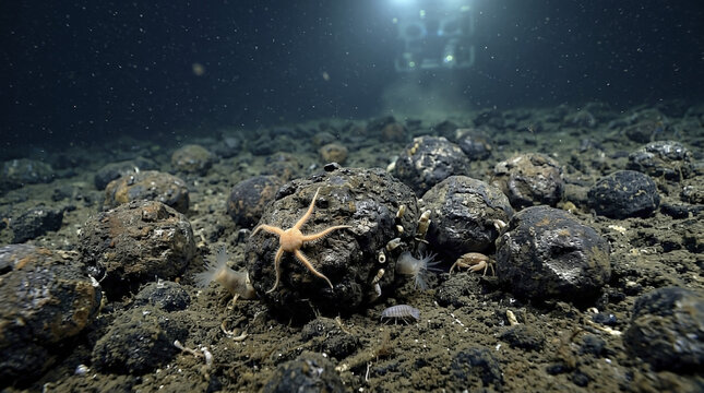Deep sea abyssal plain with polymetallic manganese nodules and diverse benthic marine life, illuminated by an exploration submersible, showing an untouched deep ocean ecosystem.
