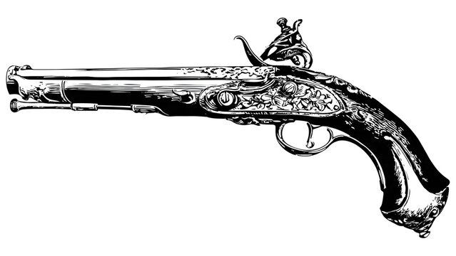 Intricately Engraved Antique Flintlock Pistol Side View